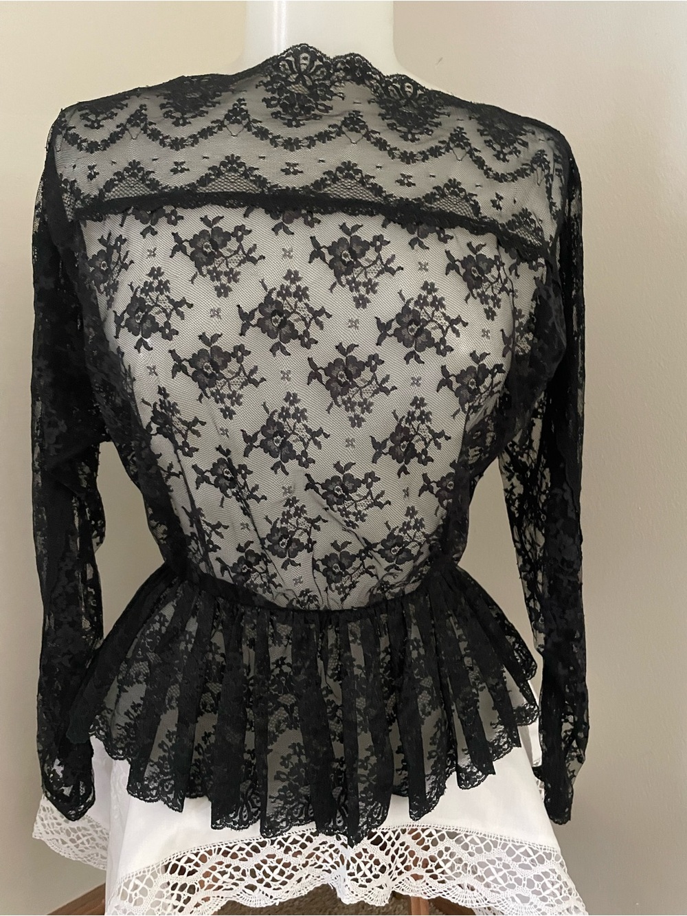 Vtg Albert Capraro Black Lace Peplum Blouse Sheer Victorian Gothic Romantic